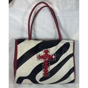 KurtMen Purse Genuine Hide Zebra Print Red Leather Trim W/Red Stone Cross Wester